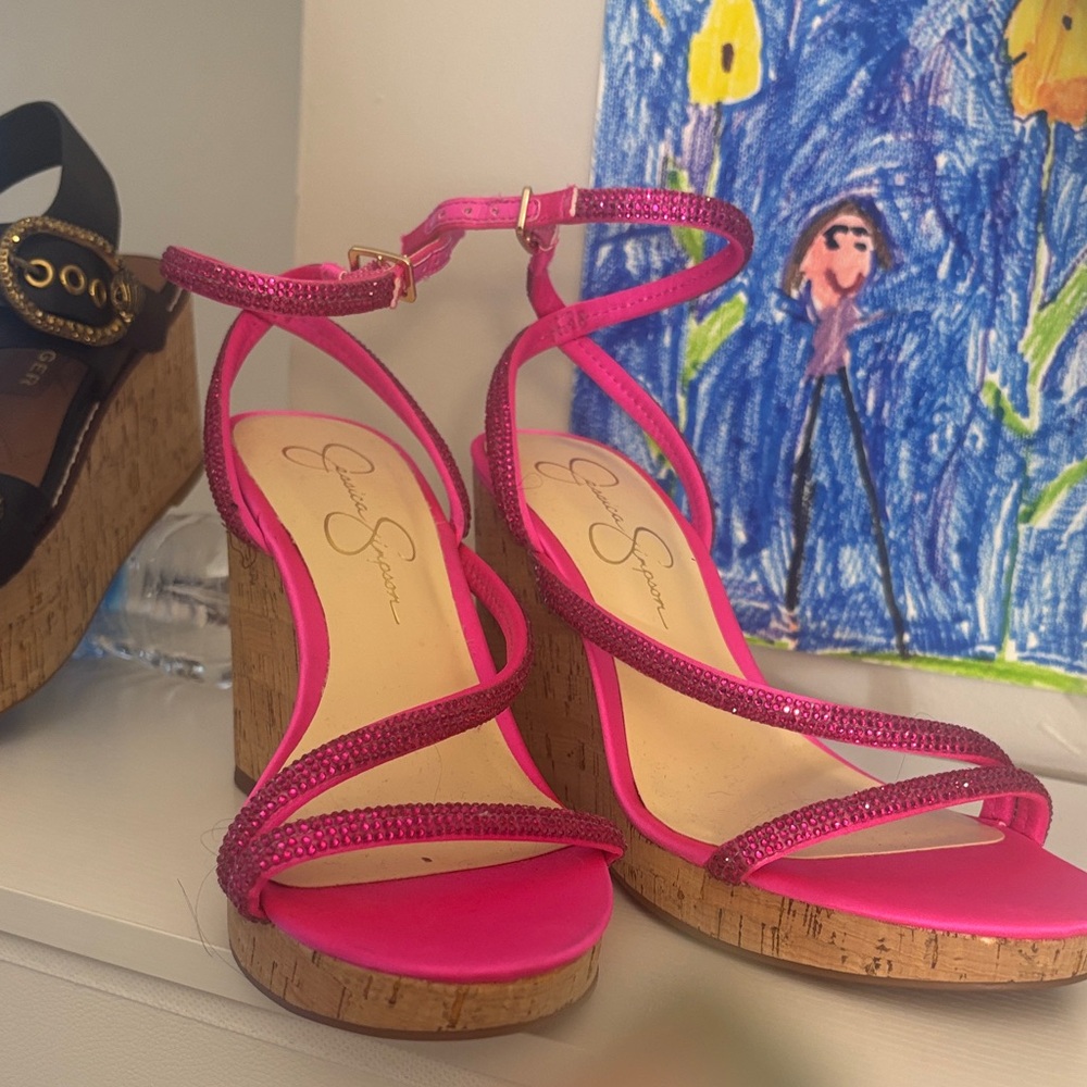 Pink Strappy Wedge Sandals